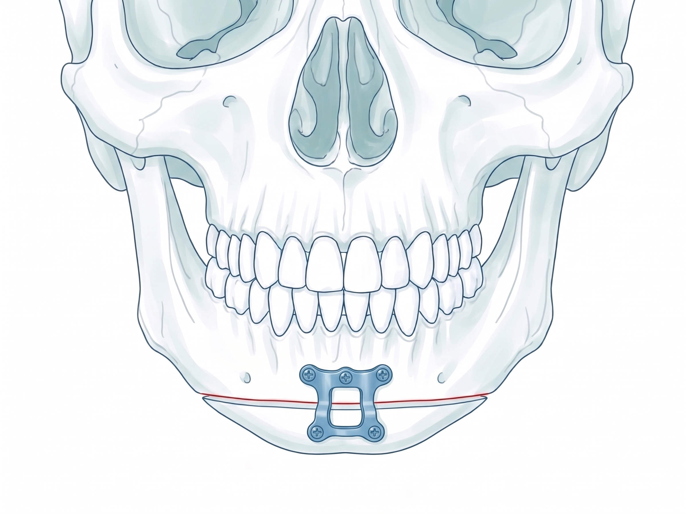 Genioplasty frontal implant fixation design