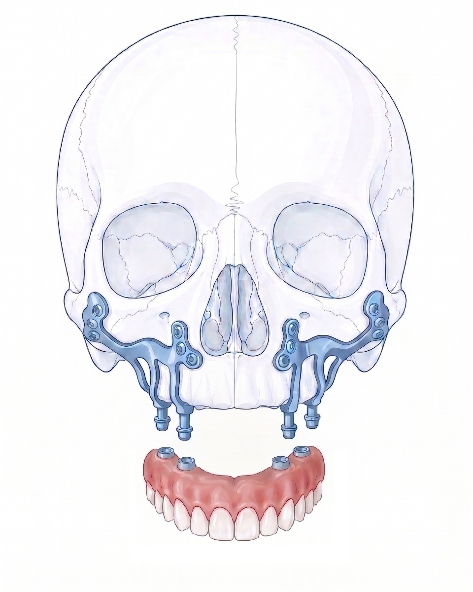 Patient specific subperiosteal maxillary implant with dental prosthetic component
