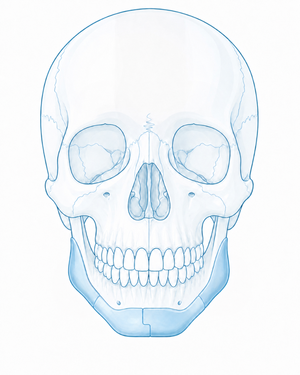 Frontal skull with wraparound mandibular onlay